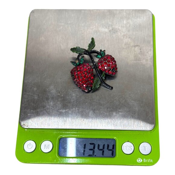 Vintage Signed Weiss Rhinestone Double Strawberry Fruit Cluster Crystals Brooch - Picture 7 of 9
